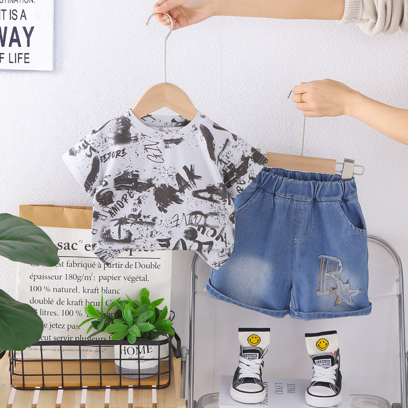 Boys' Summer Outfit 2026 New Style Children's Short Sleeve Denim Shorts Two-Piece Set Baby Fashionable Casual Trendy