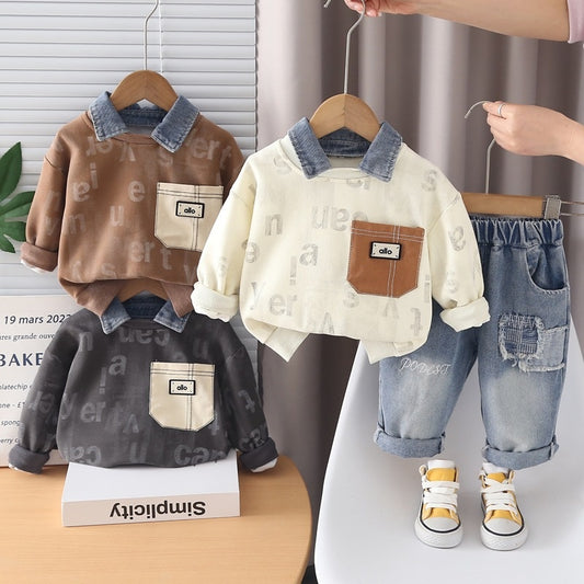 1-year-old boy's stylish spring sports outfit, trendy 3-piece baby spring/autumn full-print letter sweatshirt two-piece set for infants