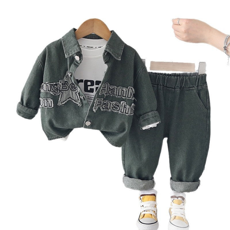 Boys' Autumn Outfit 2026 New Style Baby Boy Spring Fashion Long Sleeve Denim Patchwork Three-Piece Set for Infants and Children
