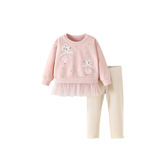 Malwee Girls' Two-Piece Set Autumn New European and American Style Casual Round Neck Long Sleeve Children's Fashionable Outfit