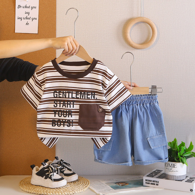 Boy's Summer Stylish Outfit 2026 New Baby Striped Faux Pocket Short Sleeve Casual Two-Piece Set Trendy