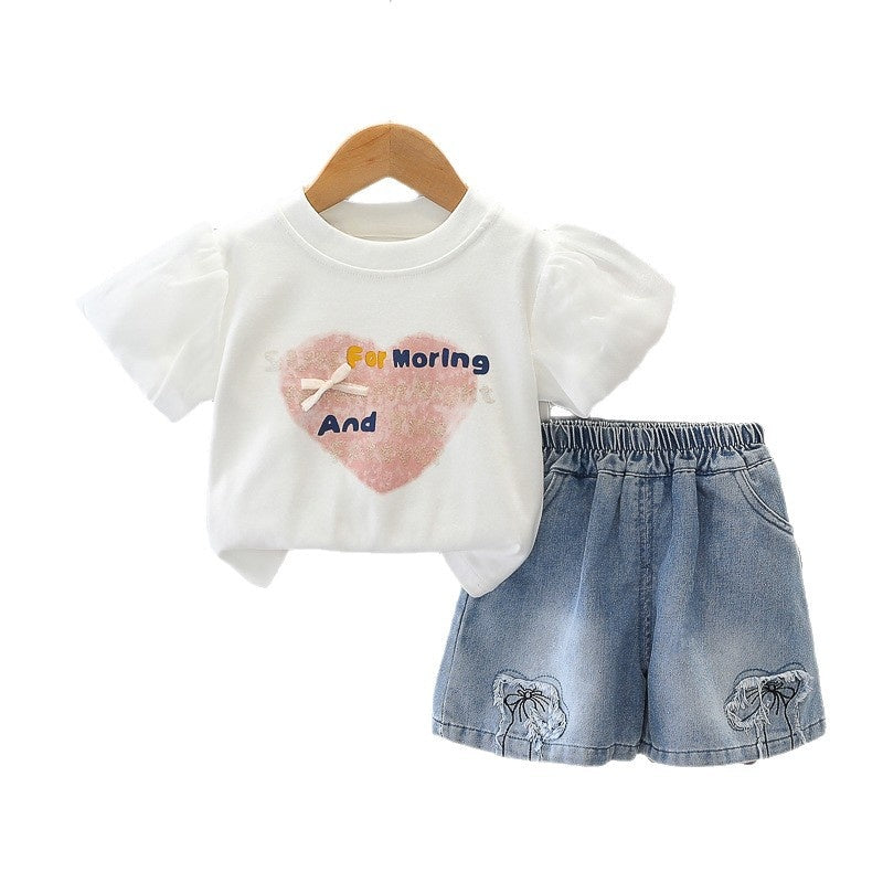 Girls' Heart-Shaped Short Sleeve Set 2026 New Fashionable Baby Girl Clothes Casual Children's Summer Outfit