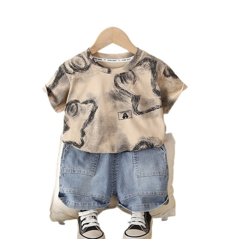 Boys' Outfit 2026 New Style Children's Thin Graffiti Short Sleeve Shorts Two-Piece Set Trendy Baby Summer Fashion